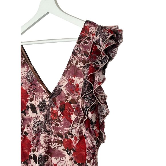 Almost Famous Womens M Pink Red Floral Ruffle V Neck Cottagecore Dress - Picture 13 of 16